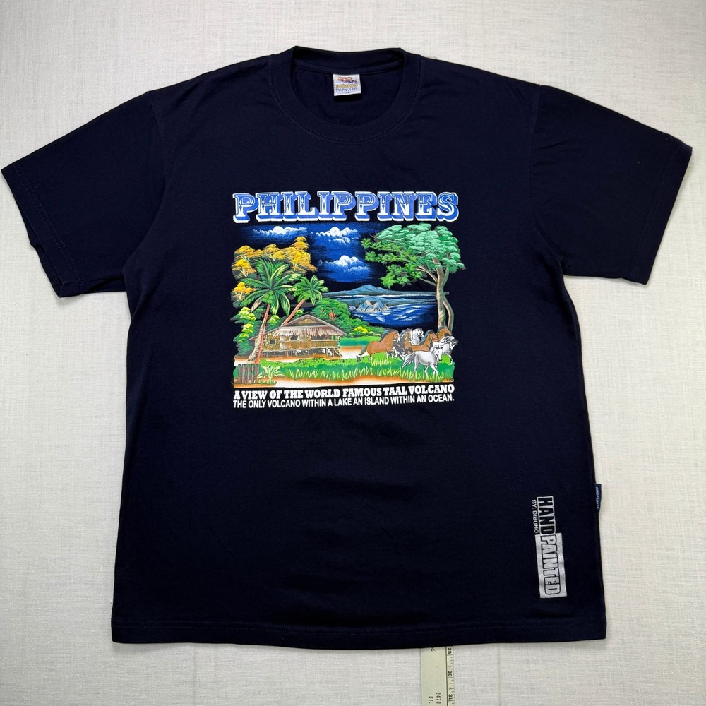 Taal Volcano Philippines Souvenir T-Shirt XL Men Hand Painted Dibuho Blue ArtTee